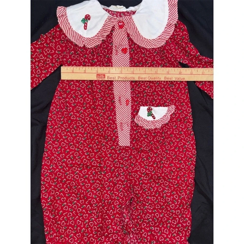 Vintage Bryan Baby Girl Romper 12M Red Candy Cane Print Christmas One Piece